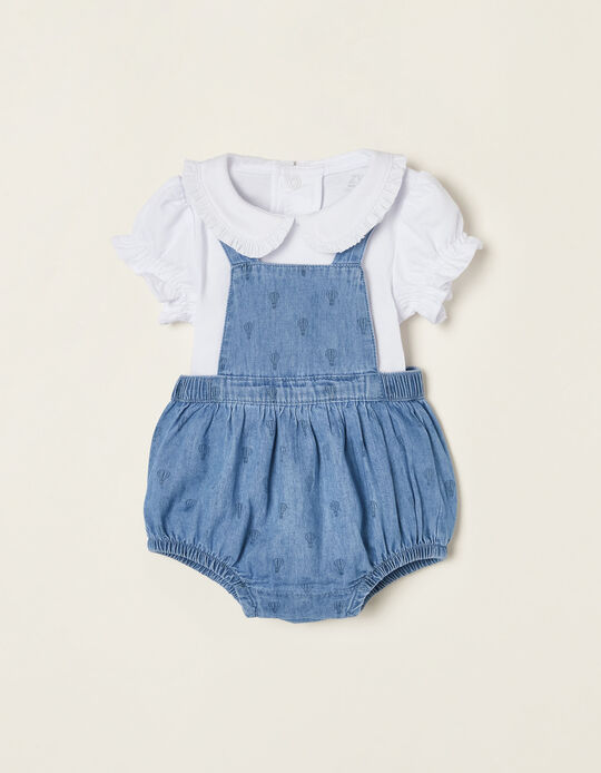 Denim Jumpsuit + Cotton T-shirt for Newborn Baby Girls, White/Blue