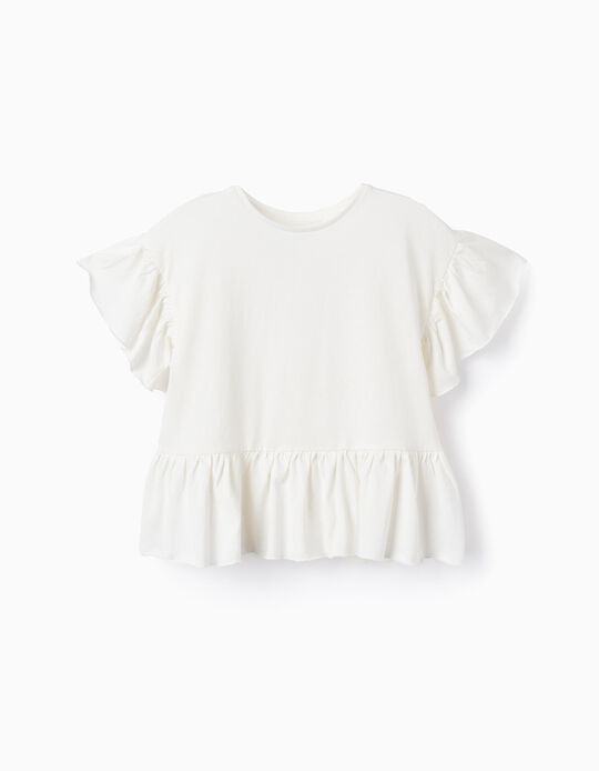 Comprar Online T-shirt de Algodão com Folhos para Menina, Branco