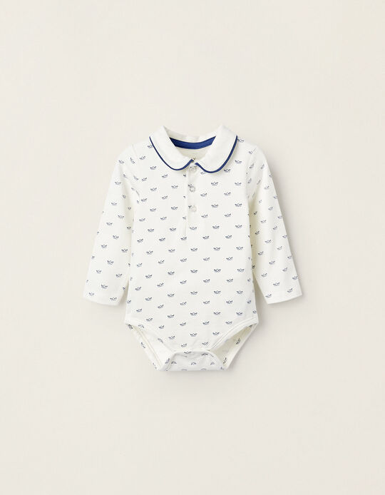 Cotton Bodysuit for Newborn Boys 'Paper Boats', White/Blue