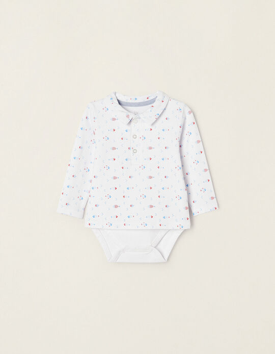 Long Sleeve Bodysuit-Shirt with Motif for Newborn Baby Boys 'Fish', White