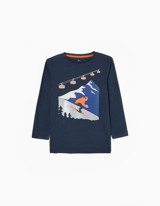 T-shirt à Manches Longues en Coton Garçon 'Ski', Bleu Foncé