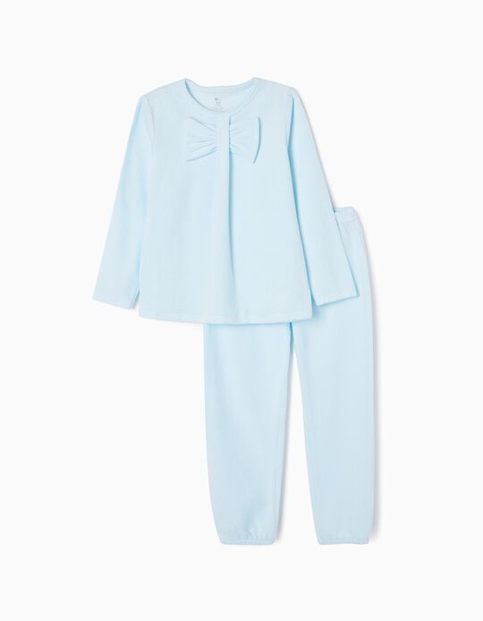 Pijama de Veludo em Algodão com Laço para Menina, Azul Claro