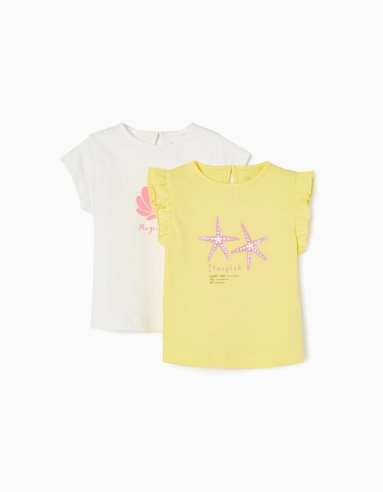 Pack 2 Cotton T-shirts for Baby Girls 'Shell and Starfish', Yellow/White