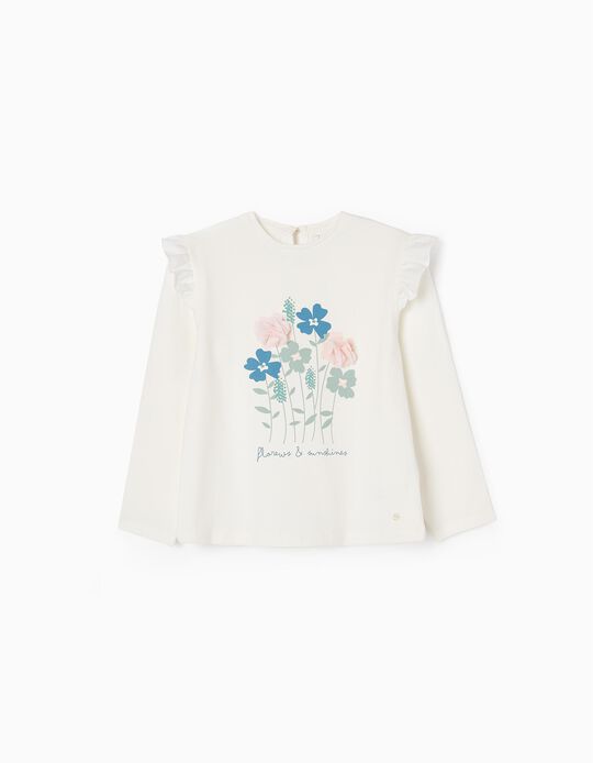 Long sleeve Cotton T-shirt for Girls 'Flowers', White