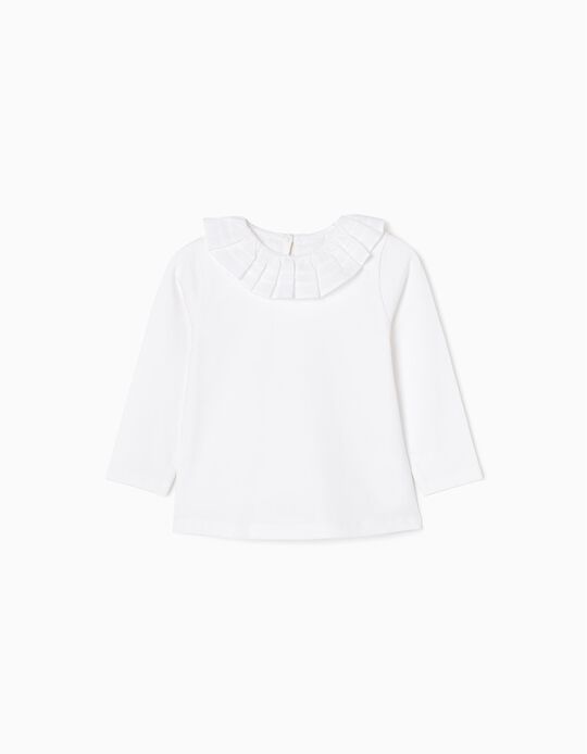 Camiseta de Algodón con Cuello de Volantes para Niña, Blanco