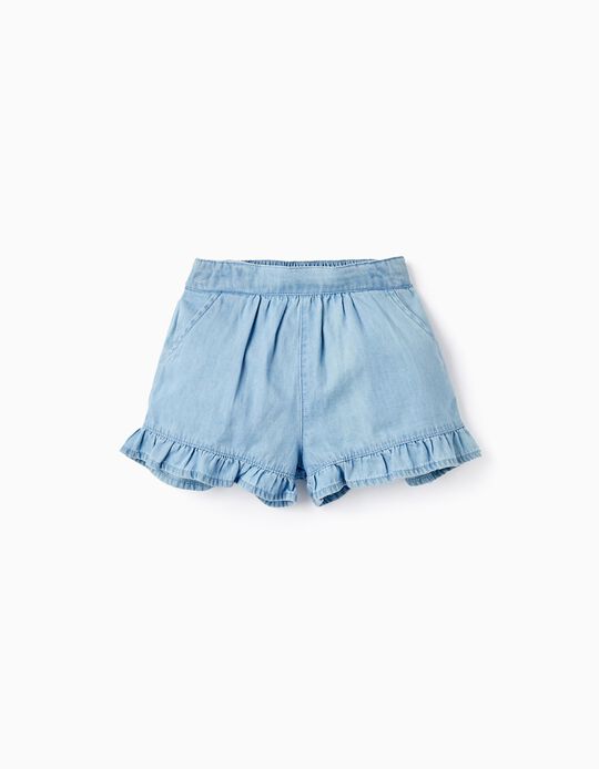 Cotton Denim Shorts with Ruffles for Baby Girls, Light Blue