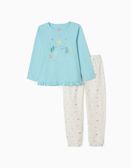 Long Sleeve Pyjamas for Girls 'Camping', Blue/White