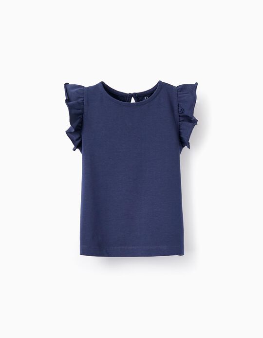 Comprar Online T-shirt de Algodão com Folhos para Bebé Menina, Azul Escuro