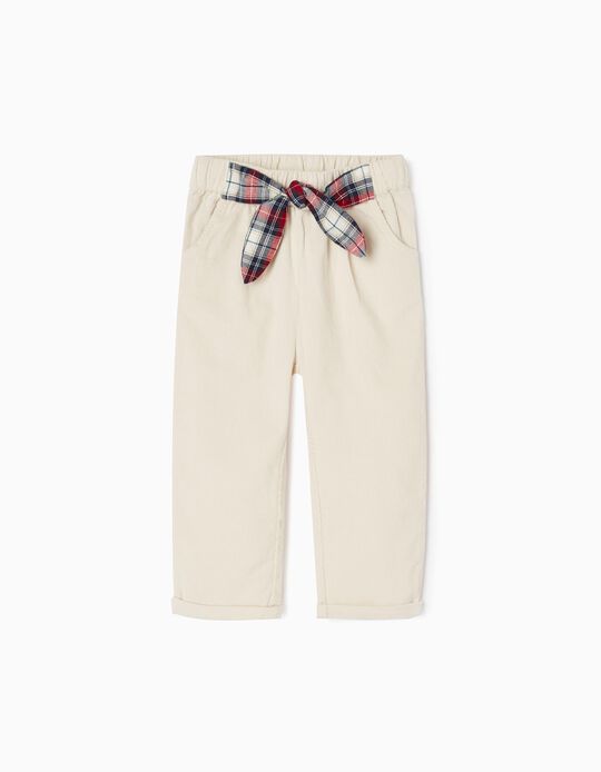 Corduroy Trousers with Plaid Ribbon for Baby Girls, Beige