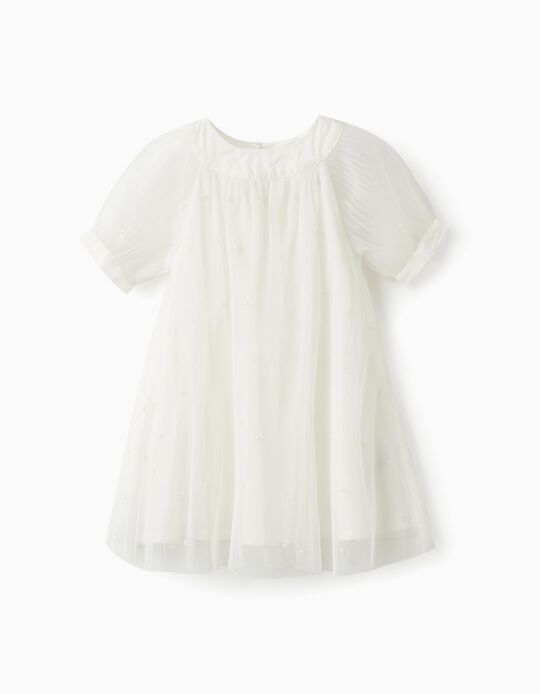 Dress in Tulle and Cotton for Baby Girls 'Special Days - Pearls', White
