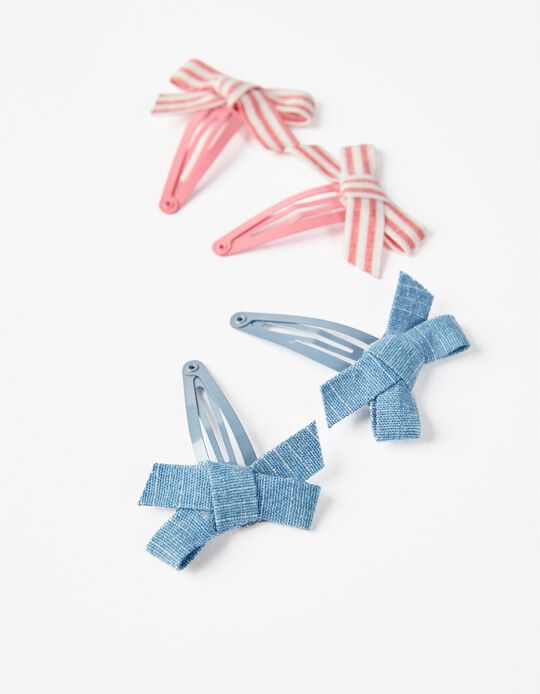 4 Hair Clips with Bow for Babies and Girls, Pink/Blue
