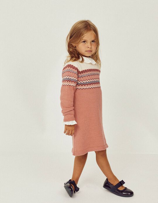 Dress with Jacquard for Girls, Beige/Pink