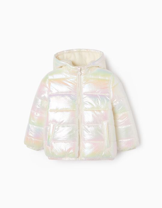 Puffer Jacket with Polar Lining for Girls, White/Iridescent