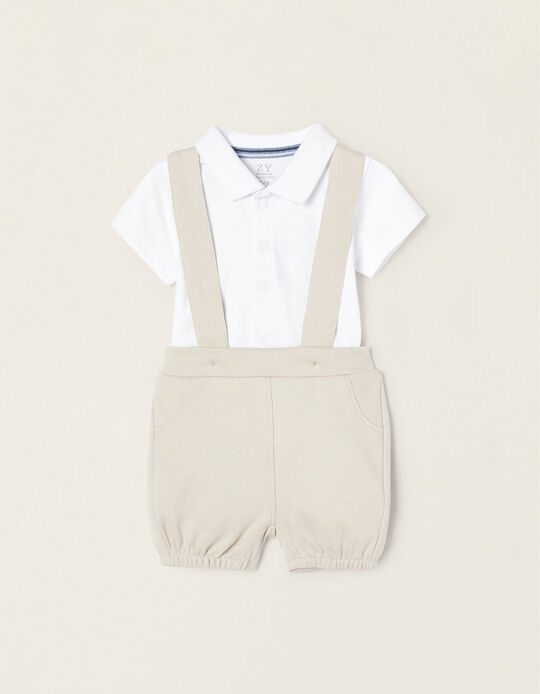 Polo Shirt + Strappy Shorts for Newborns, White/Beige