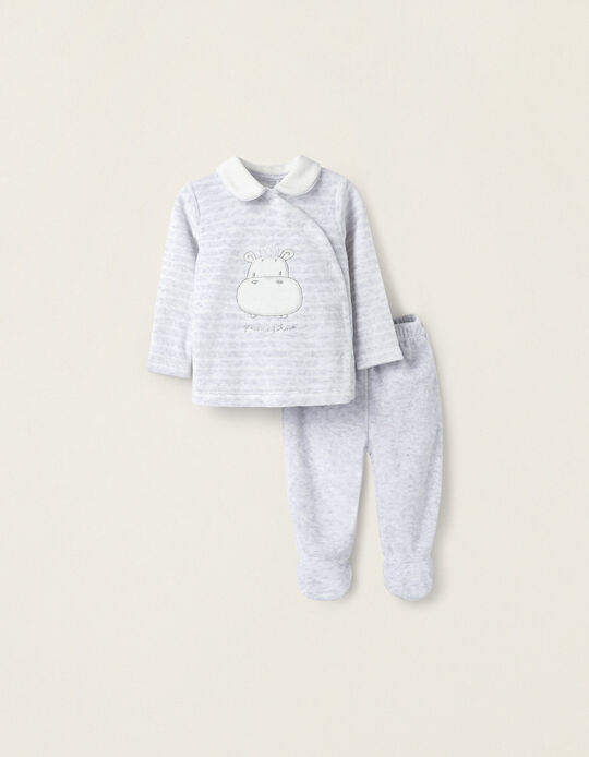Velvet Pyjamas with Feet for Newborn Girls 'Hippopotamus', Grey