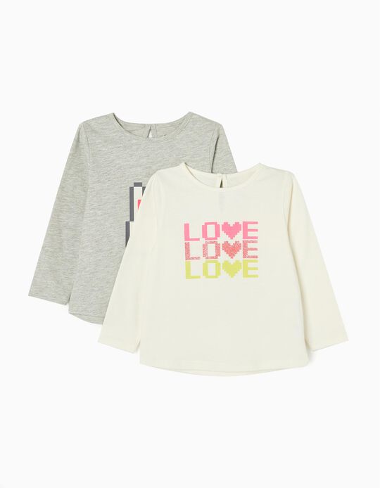 Pack 2 T-shirts para Bebé Menina 'Love', Cinza/Branco