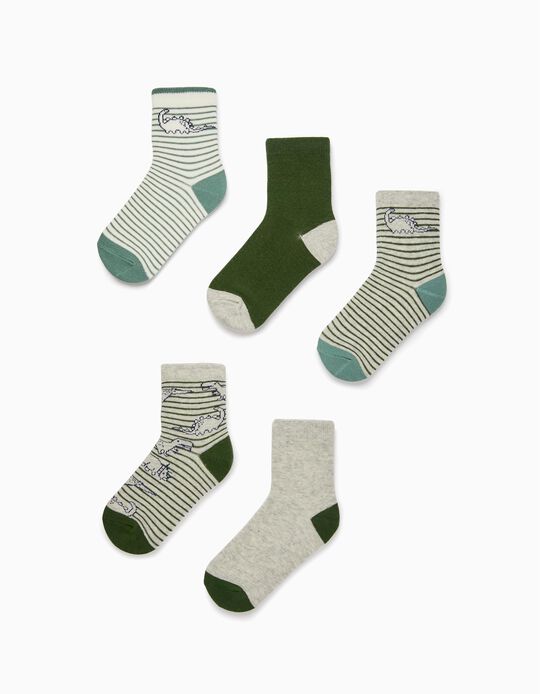 5-Pack Cotton Socks for Boys 'Dinosaur', Grey/Green