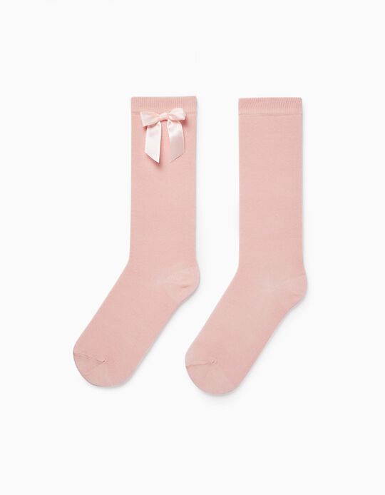 Satin Bow Socks, Girls, Light Pink