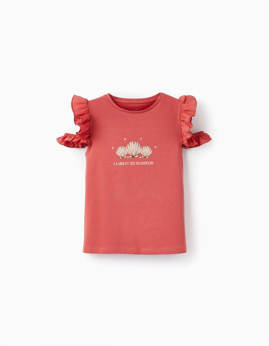 T-shirt de Algodão com Perólas para Menina 'Conchas', Rosa Escuro