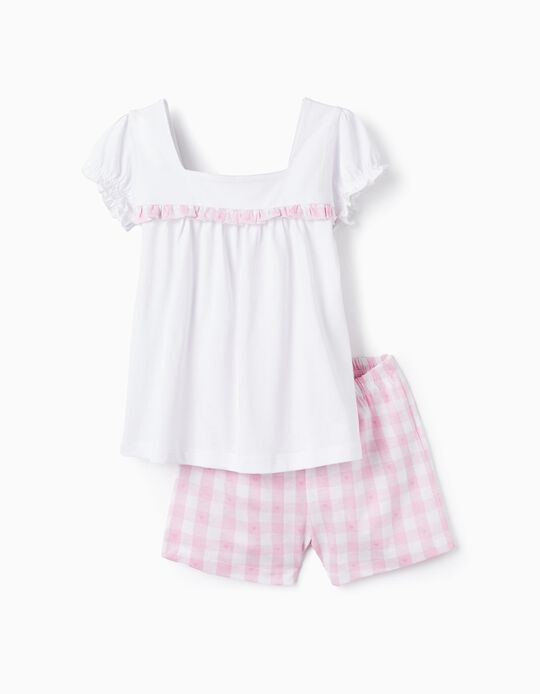 Pijama em Algodão para Menina 'Corações', Branco/Rosa
