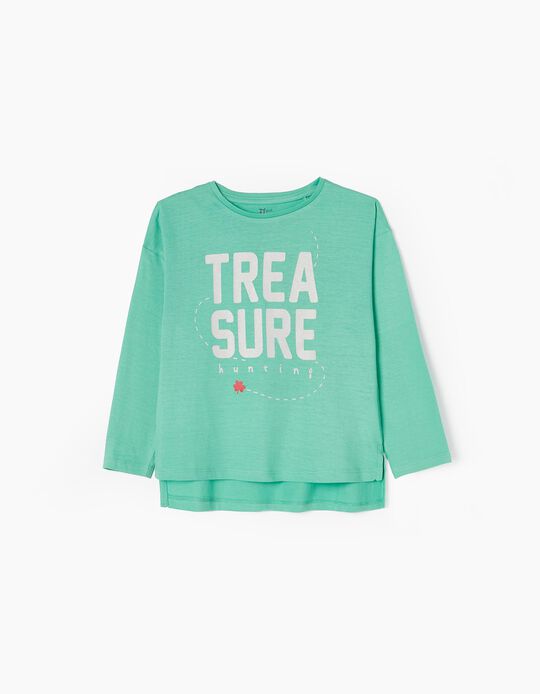 Long Sleeve Cotton T-shirt for Girls 'Treasure Hunt', Aqua Green