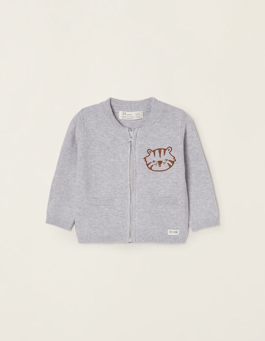 Cotton Cardigan for Newborn Baby Boys 'Tiger', Grey