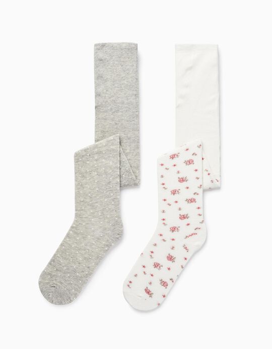 Pack of 2 Knit 'Roses' Tights for Girls, White/Grey