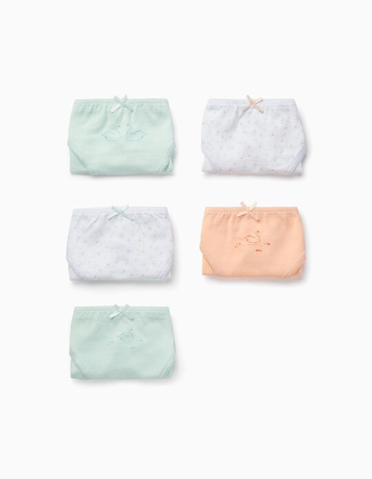 Pack of 5 Briefs for Girls 'Swans', White/Mint/Peach