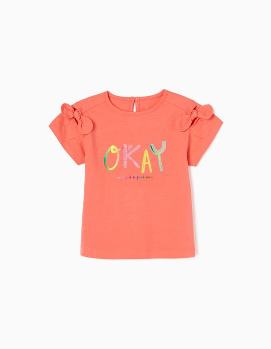 T-shirt de Algodão para Bebé Menina 'Okay', Coral