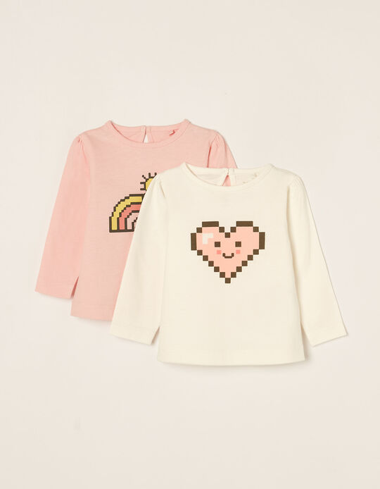 2 Long Sleeve T-Shirts for Newborn Baby Girls, Pink/White
