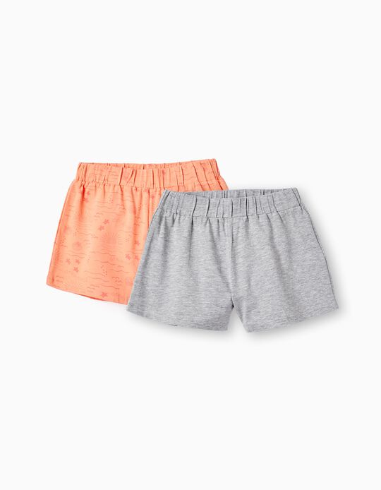 2 Cotton Shorts for Girls 'Dreaming', Coral/Grey