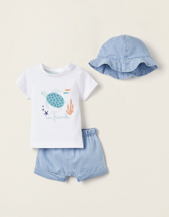 T-shirt + Calções + Chapéu para recém-Nascido, Branco/Azul