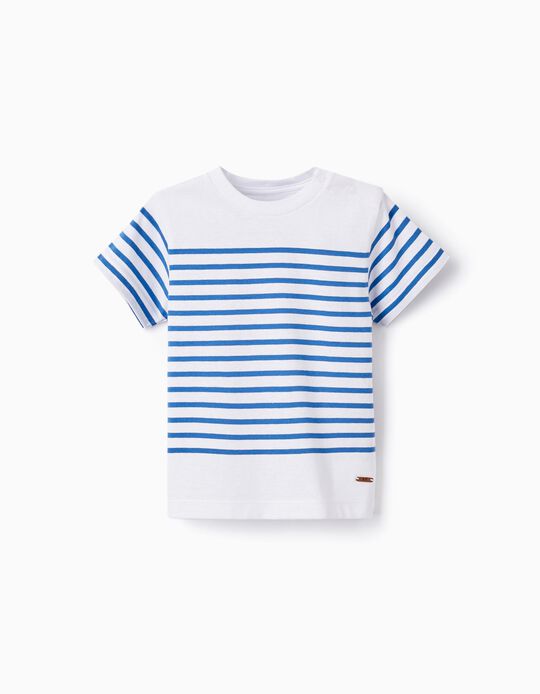 Camiseta de Algodón a Rayas para Bebé Niño, Blanco/Azul Oscuro