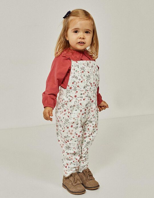 Floral Dungarees in Cotton Corduroy for Baby Girls, White