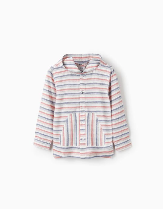 Striped Hooded Shirt for Boys, White/Blue/Red