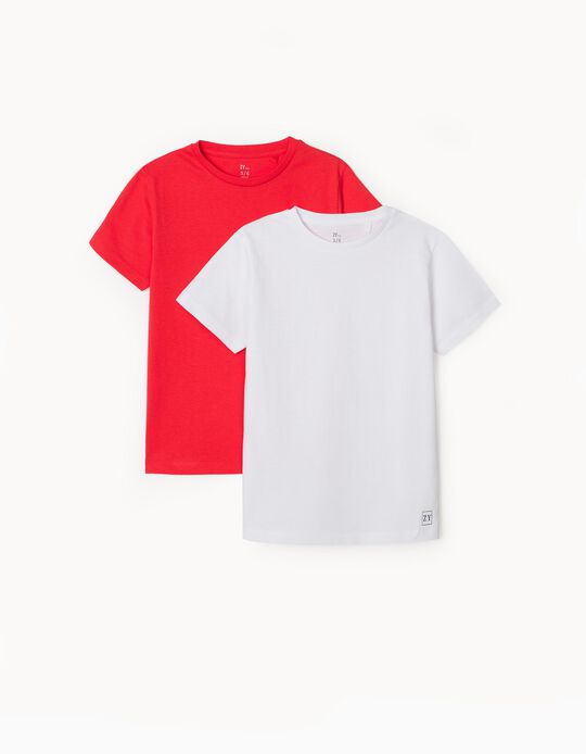 2 T-Shirts Lisas para Menino, Branco/Vermelho