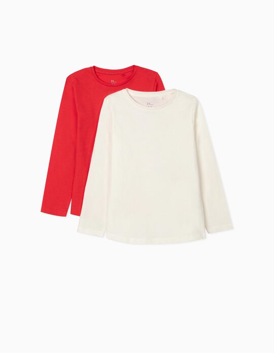 2 T-shirts manches longues fille, rouge/blanc