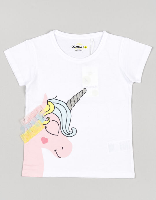 Comprar Online T-shirt de Algodão com Folhos de Tule para Menina 'Unicórnio', Branco