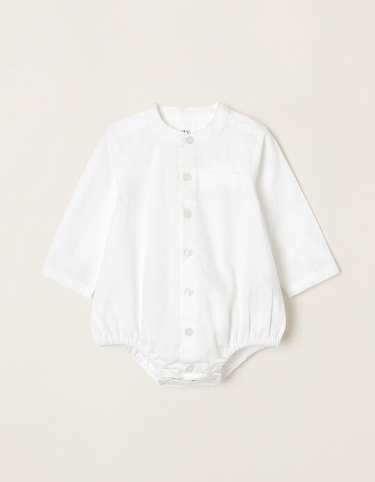 Cotton Shirt-bodysuit with Mao Collar for Newborn Baby Boys, White