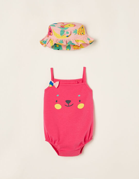 Cotton Bodysuit + Hat for Newborn Baby Girls 'Tropical', Pink