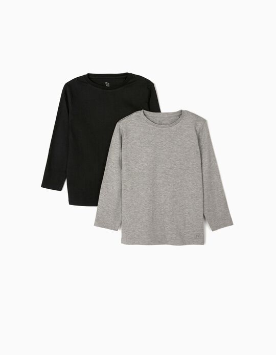 2 T-shirts manches longues pour garçon, gris/noir