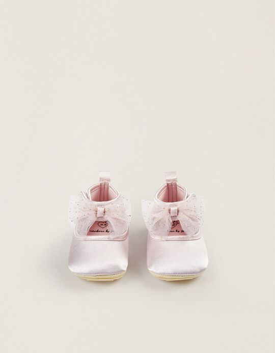 Buy Online Satin Shoes with Tulle and Glitter for Newborn Girls, Pink