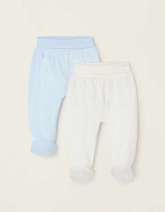 Lot 2 Pantalon à Pieds en Coton Nouveau-Né, Blanc/Bleu