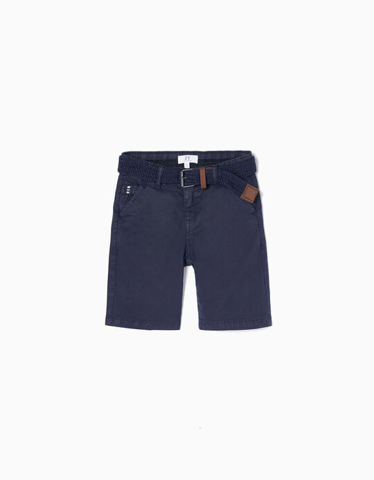 Midi Chino Shorts with Belt for Boys, Dark Blue