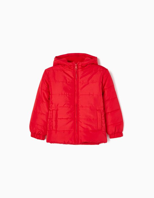 Padded Hooded Jacket with Polar Lining for Boys, Red