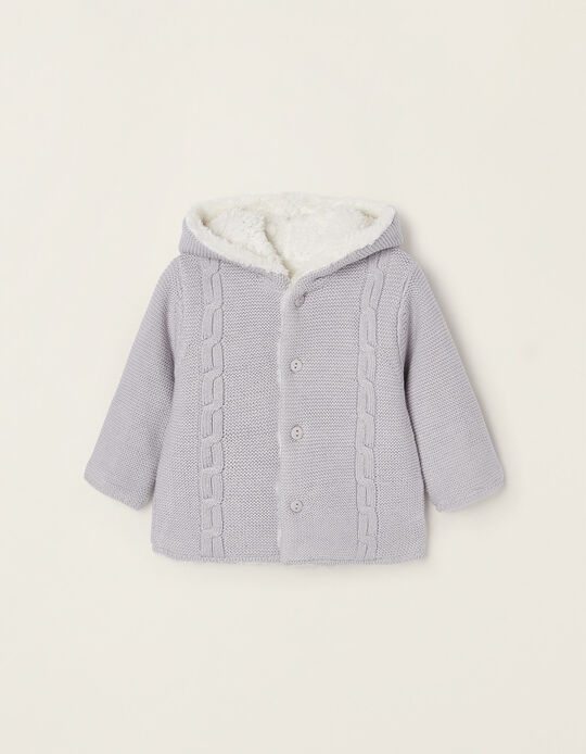 Hooded Cardigan with Sherpa Lining for Newborn Babies, Light Grey