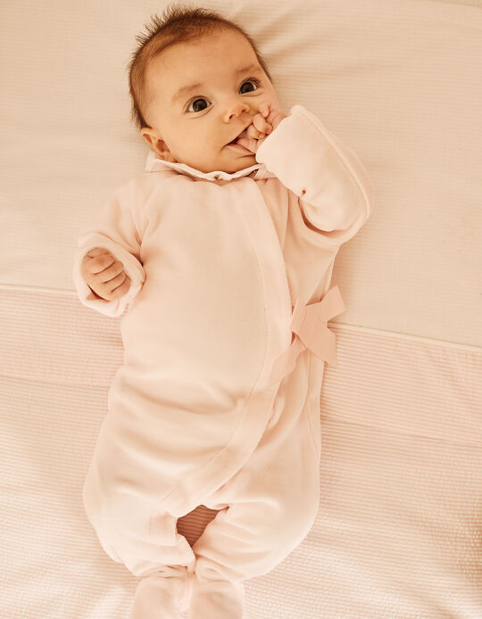 Velvet Sleepsuit with Bow for Newborn, Pink