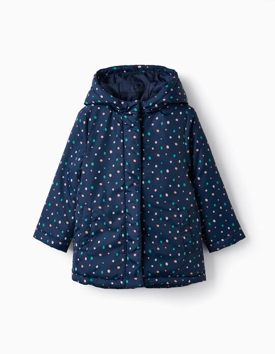 Hooded Jacket with Polka Dots for Girls, Dark Blue