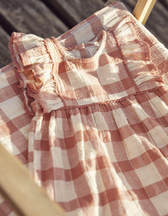 Cotton Dress + Bloomers with Plaid Pattern for Newborn Girls 'B&S', Beige/Salmon