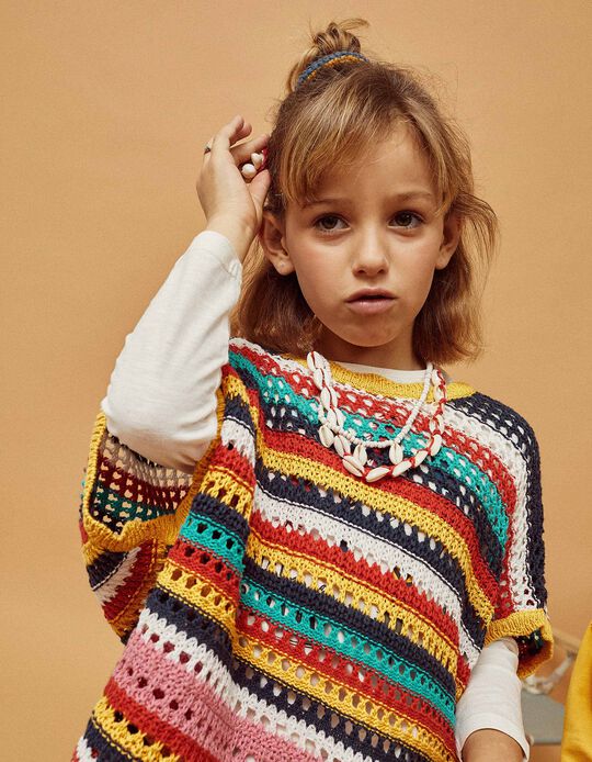 Poncho with Beads and Fringes for Girls, Multicoloured
